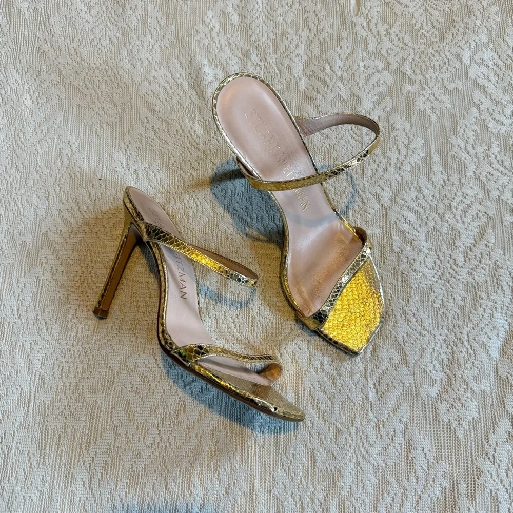 Stuart Weitzman 75 gold leather open toe stiletto pumps - Picture 2 of 10